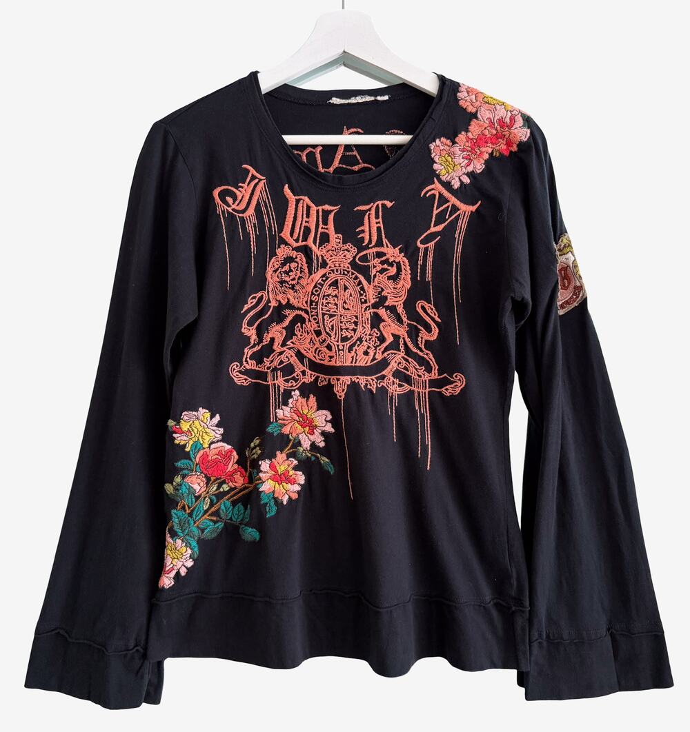 Johnny Was JWLA Embroidered Top Floral Le Amour Heart Bell Sleeve Vintage Y2K M